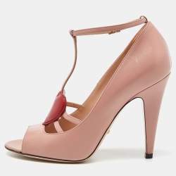 Gucci Pink Leather Molina Crystal Heart T-Strap Pumps Size 37.5