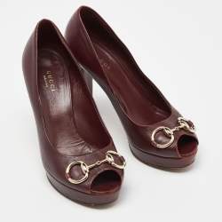 Gucci Burgundy Leather Horsebit Peep Toe Platform Pumps Size 37