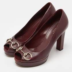 Gucci Burgundy Leather Horsebit Peep Toe Platform Pumps Size 37