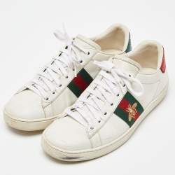 Gucci White Leather Web Detail Bee Embroidered Ace Low Top Sneakers Size 38