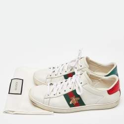 Gucci White Leather Web Detail Bee Embroidered Ace Low Top Sneakers Size 38