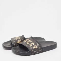 Gucci Black Leather and Canvas Guccy Flat Slides Size 40 