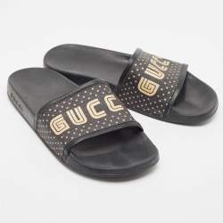 Gucci Black Leather and Canvas Guccy Flat Slides Size 40 