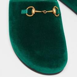 Pre Owned Gucci Green Velvet Horsebit Flat Mules Size 36