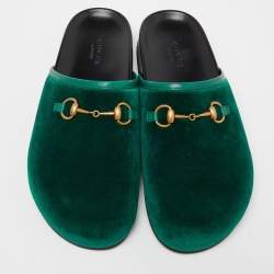 Pre Owned Gucci Green Velvet Horsebit Flat Mules Size 36