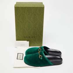 Pre Owned Gucci Green Velvet Horsebit Flat Mules Size 36