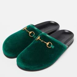 Pre Owned Gucci Green Velvet Horsebit Flat Mules Size 36