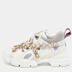Gucci White/Grey Mesh and Leather Crystal Embellished Flashtrek Sneakers Size 40