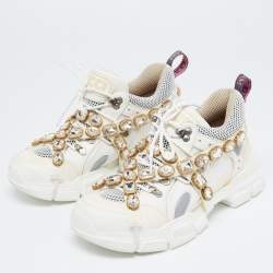 Gucci White/Grey Mesh and Leather Crystal Embellished Flashtrek Sneakers Size 40