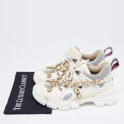 Gucci White/Grey Mesh and Leather Crystal Embellished Flashtrek Sneakers Size 40