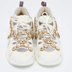 Gucci White/Grey Mesh and Leather Crystal Embellished Flashtrek Sneakers Size 40