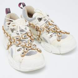 Gucci White/Grey Mesh and Leather Crystal Embellished Flashtrek Sneakers Size 40