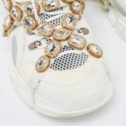 Gucci White/Grey Mesh and Leather Crystal Embellished Flashtrek Sneakers Size 40