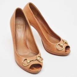 Gucci Brown Leather Jolene  Open Toe Pumps Size 38