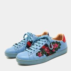 Gucci Blue Leather Flower Sequins Embellished Ace Low Top Sneakers Size 36