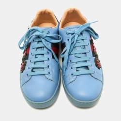 Gucci Blue Leather Flower Sequins Embellished Ace Low Top Sneakers Size 36