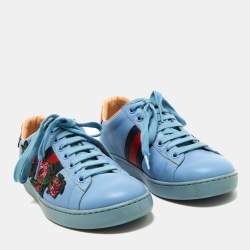 Gucci Blue Leather Flower Sequins Embellished Ace Low Top Sneakers Size 36