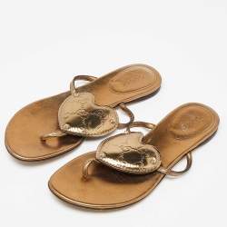 Pre Owned Gucci Golden Metallic Gold Leather Heart Thong Flat Slides Size 36