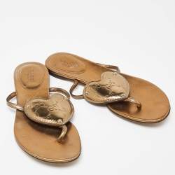 Pre Owned Gucci Golden Metallic Gold Leather Heart Thong Flat Slides Size 36