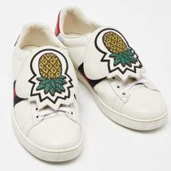 Gucci White Leather Embellished Pineapple Strap Ace Sneakers Size 35