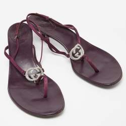 Pre Owned Gucci Purple Satin Crystal Embellished Interlocking G Thong Sandals Size 41.5