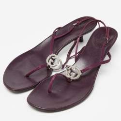 Pre Owned Gucci Purple Satin Crystal Embellished Interlocking G Thong Sandals Size 41.5