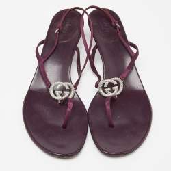 Pre Owned Gucci Purple Satin Crystal Embellished Interlocking G Thong Sandals Size 41.5