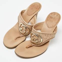 Gucci Beige Ostrich Interlocking G Thong Slide Sandals Size 37