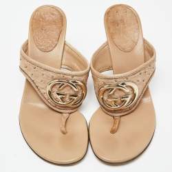 Gucci Beige Ostrich Interlocking G Thong Slide Sandals Size 37