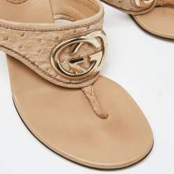 Gucci Beige Ostrich Interlocking G Thong Slide Sandals Size 37