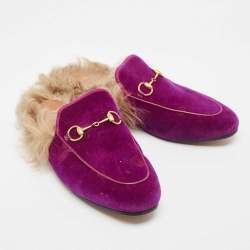 Pre Owned Gucci Purple Velvet and Fur Princetown Mules Size 39