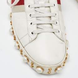 Gucci White Leather Web Detail New Ace Faux Pearl Embellished Low Top Sneakers Size 39