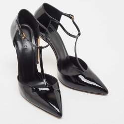 Pre Owned Gucci Black Patent Leather Beverly T-Strap Pumps Size 37.5