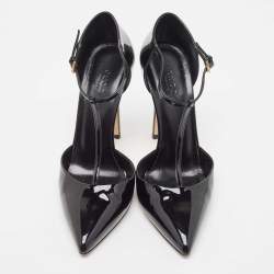 Pre Owned Gucci Black Patent Leather Beverly T-Strap Pumps Size 37.5