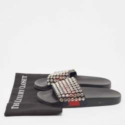 Gucci Navy Blue/Red Web Leather Crystal Embellished Slides Size 35