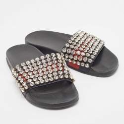 Gucci Navy Blue/Red Web Leather Crystal Embellished Slides Size 35