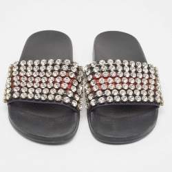 Gucci Navy Blue/Red Web Leather Crystal Embellished Slides Size 35