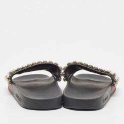 Gucci Navy Blue/Red Web Leather Crystal Embellished Slides Size 35