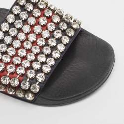 Gucci Navy Blue/Red Web Leather Crystal Embellished Slides Size 35