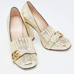 Pre Owned Gucci Gold Foil Leather GG Fringe Block Heel Loafer Pumps Size 37