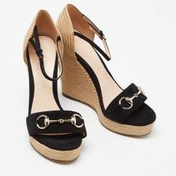 Gucci Black Suede Horsebit Wedge Espadrille Platform Sandals Size 38.5