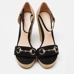 Gucci Black Suede Horsebit Wedge Espadrille Platform Sandals Size 38.5