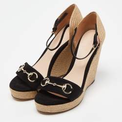 Gucci Black Suede Horsebit Wedge Espadrille Platform Sandals Size 38.5