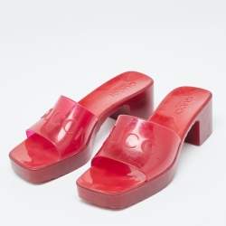 Gucci Burgundy Rubber Embossed Logo Block Heel Slide Sandals Size 36