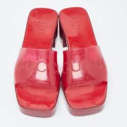 Gucci Burgundy Rubber Embossed Logo Block Heel Slide Sandals Size 36