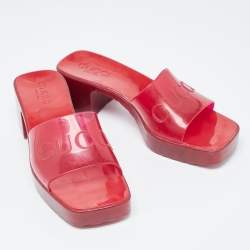 Gucci Burgundy Rubber Embossed Logo Block Heel Slide Sandals Size 36