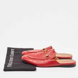 Pre Owned Gucci Red Leather Princetown Flat Mules Size 38.5