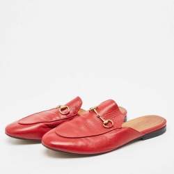 Pre Owned Gucci Red Leather Princetown Flat Mules Size 38.5