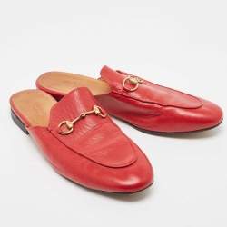 Pre Owned Gucci Red Leather Princetown Flat Mules Size 38.5