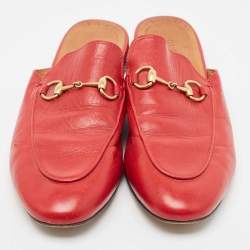 Pre Owned Gucci Red Leather Princetown Flat Mules Size 38.5